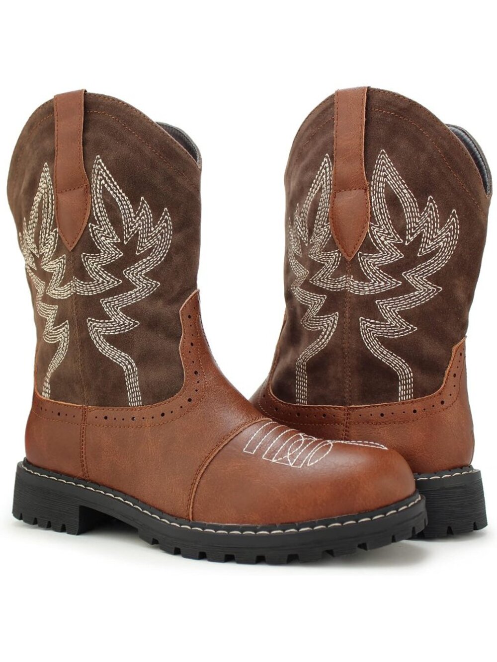 Women's Brown Mid Calf Western Cowboy Cowgirl Boot Round Toe Embroidered Boots